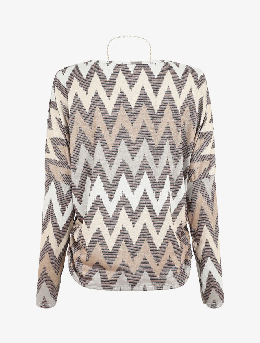 Top manches chauves-souris imprimé zig-zag irisé - Beige - Image 2