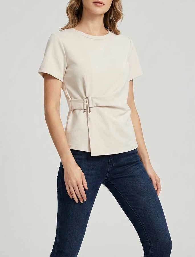 Top manches courtes à boucle - Beige - Image 4