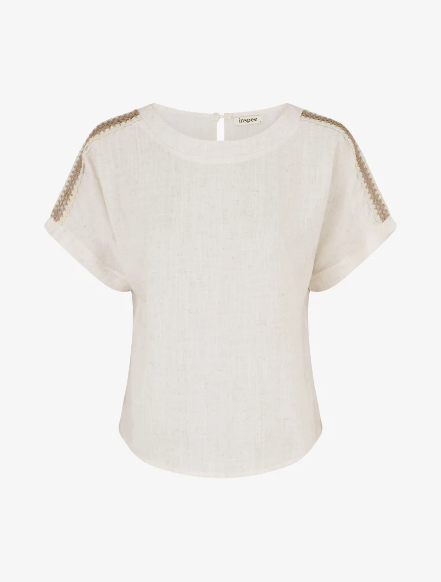 Top manches courtes à broderies ajourés - Crème
