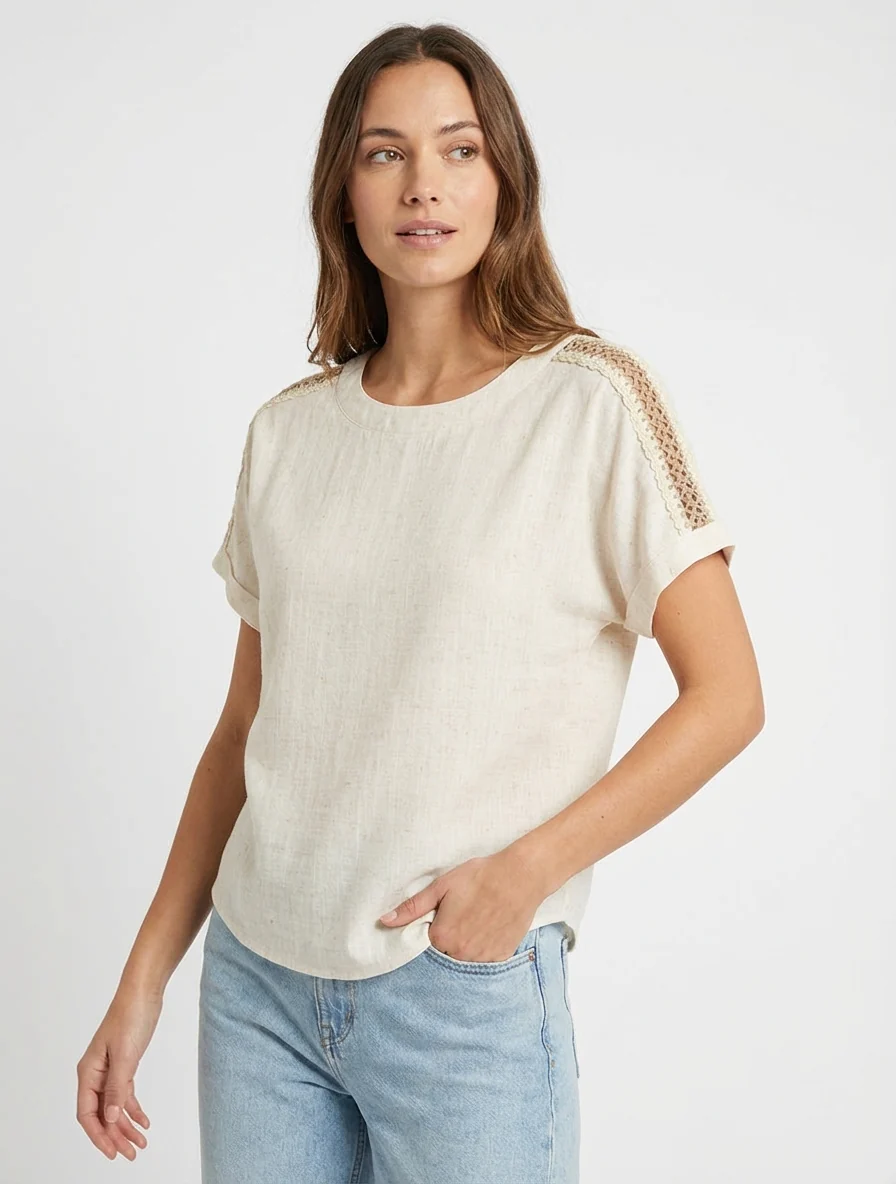 Top manches courtes à broderies ajourés - Crème - Image 4