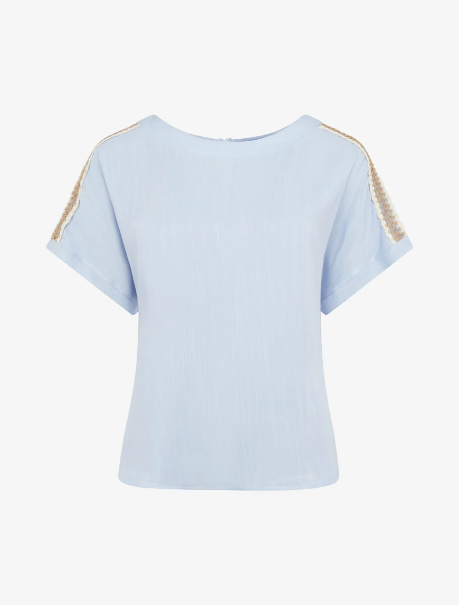 Top manches courtes à broderies ajourés - Bleu ciel