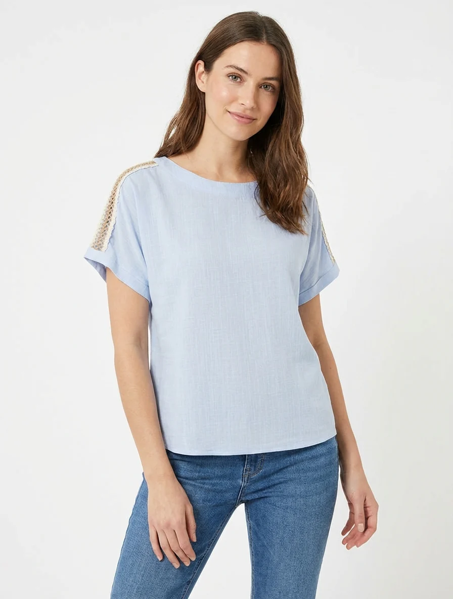 Top manches courtes à broderies ajourés - Bleu ciel - Image 4