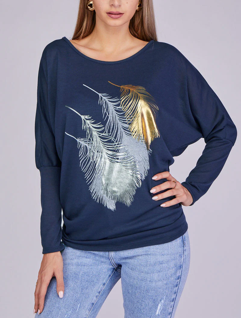 Top manches dolman à motifs plumes - Marine