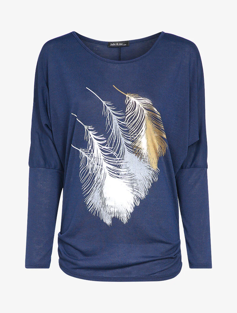 Top manches dolman à motifs plumes - Marine - Image 2