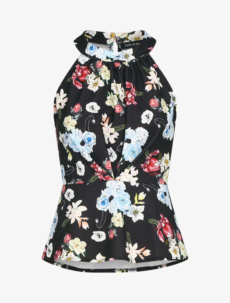 Top péplum à col américain imprimé floral - noir