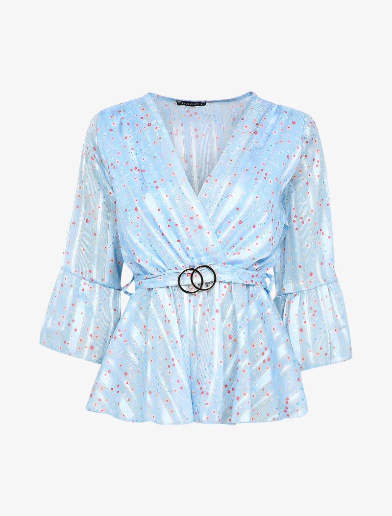 Top péplum à imprimé paquerettes et encolure cache-coeur - Bleu clair