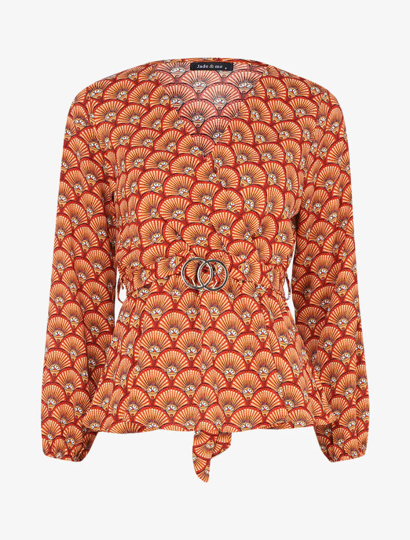 Top péplum imprimé éventails à encolure cache-coeur - Orange