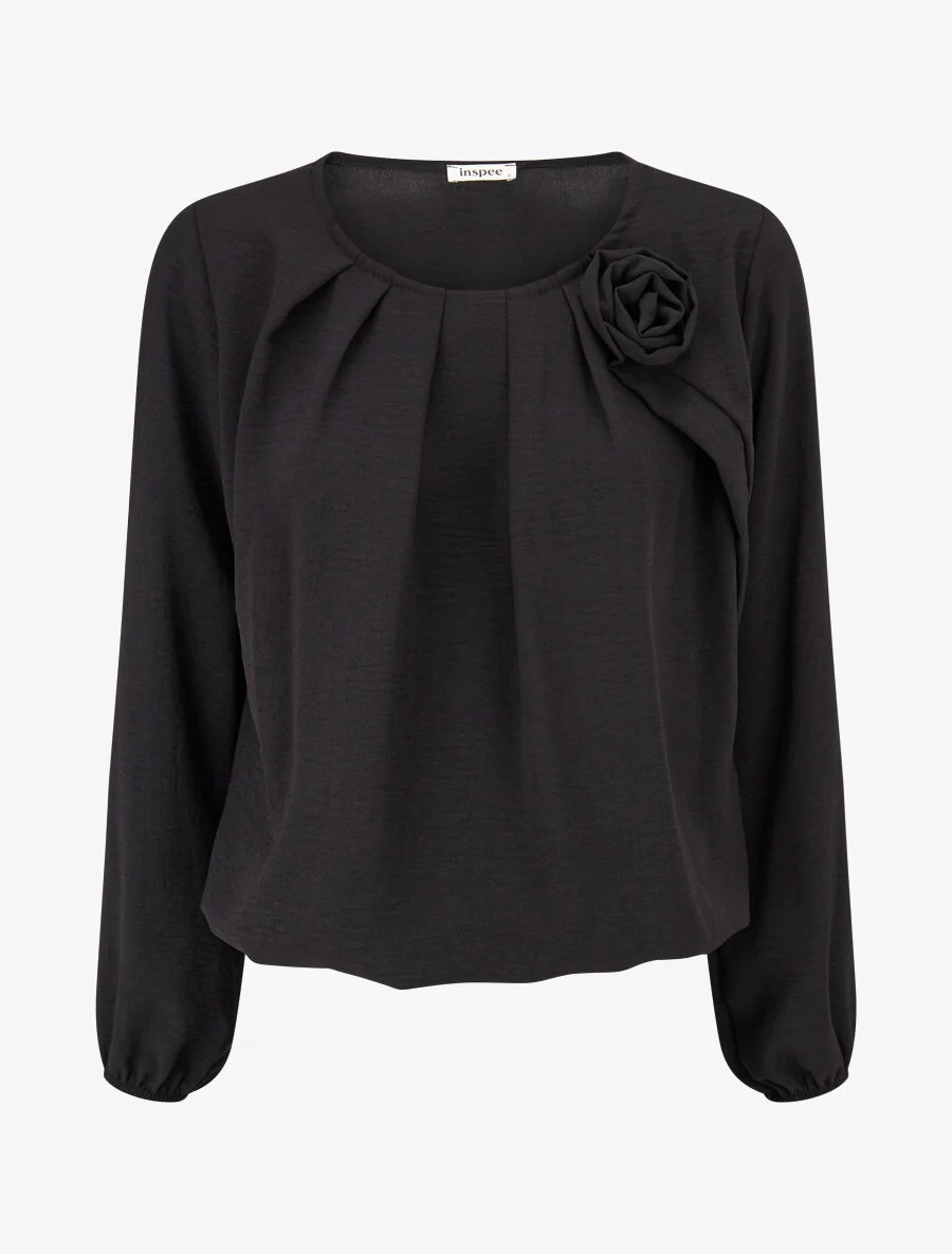 Top plissé à fleur en relief - Noir