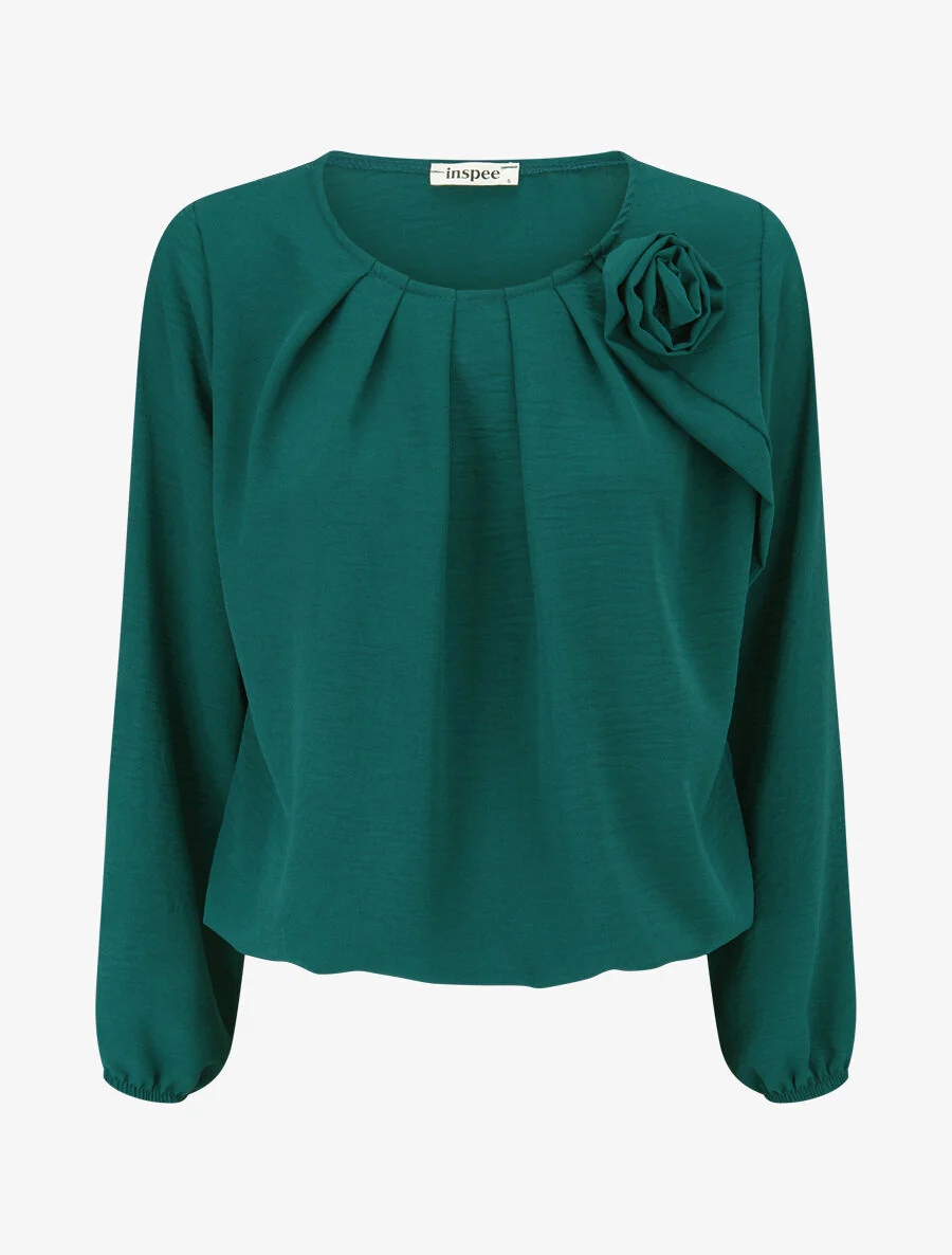 Top plissé à fleur en relief - Vert