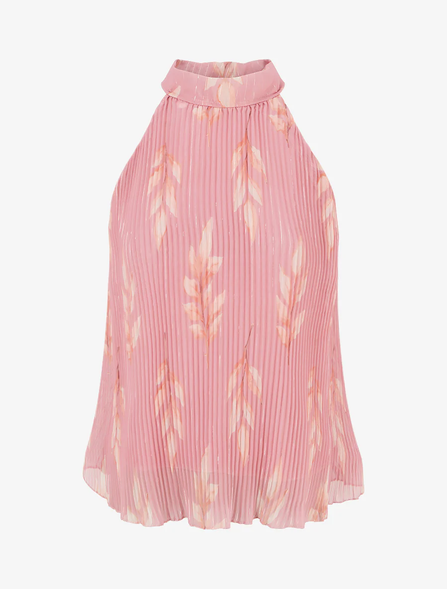 Top plissé sans manches imprimé feuillage - Rose