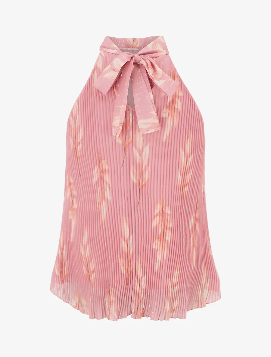 Top plissé sans manches imprimé feuillage - Rose - Image 2