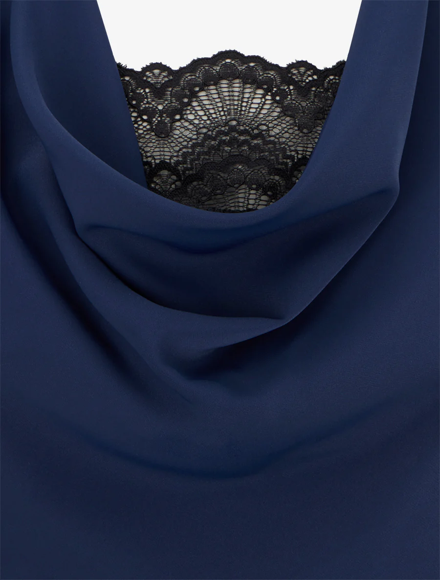 Top sans manches à col bénitier et dentelle - Marine - Image 3