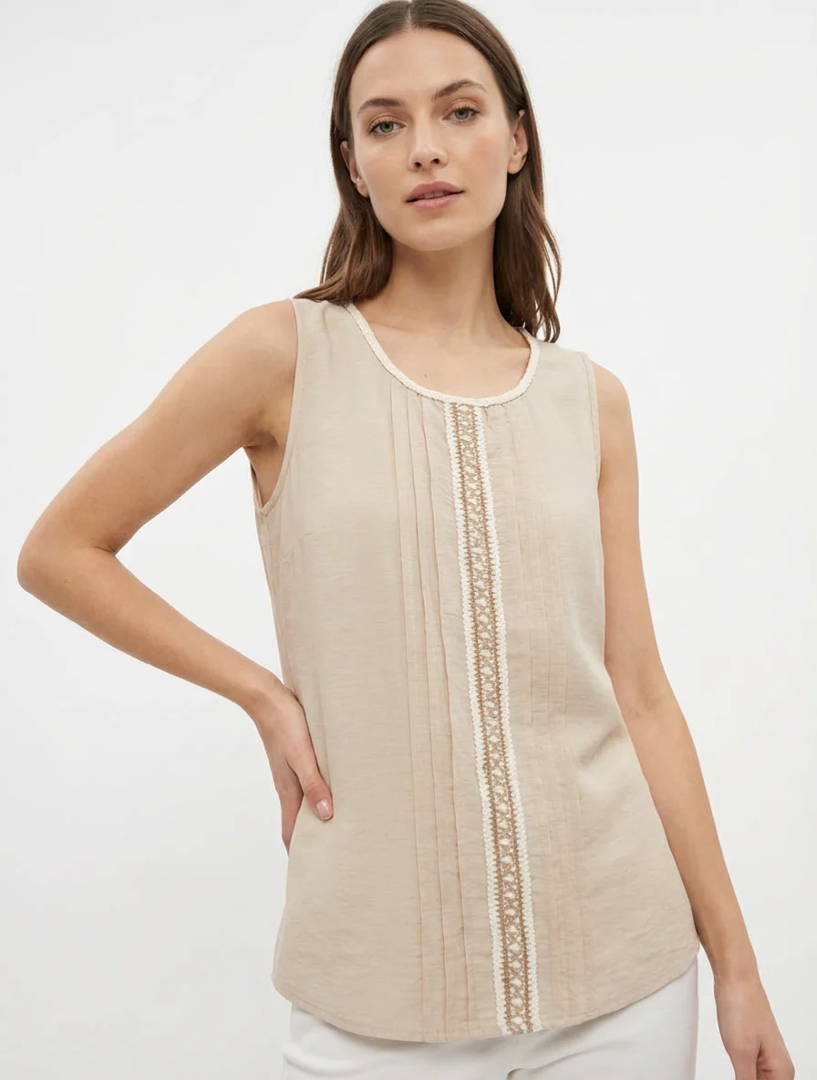 Top sans manches à col rond et broderie - Beige - Image 4