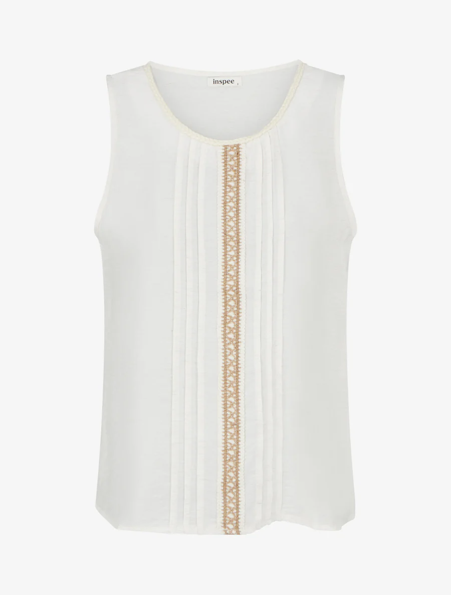 Top sans manches à col rond et broderie - Écru