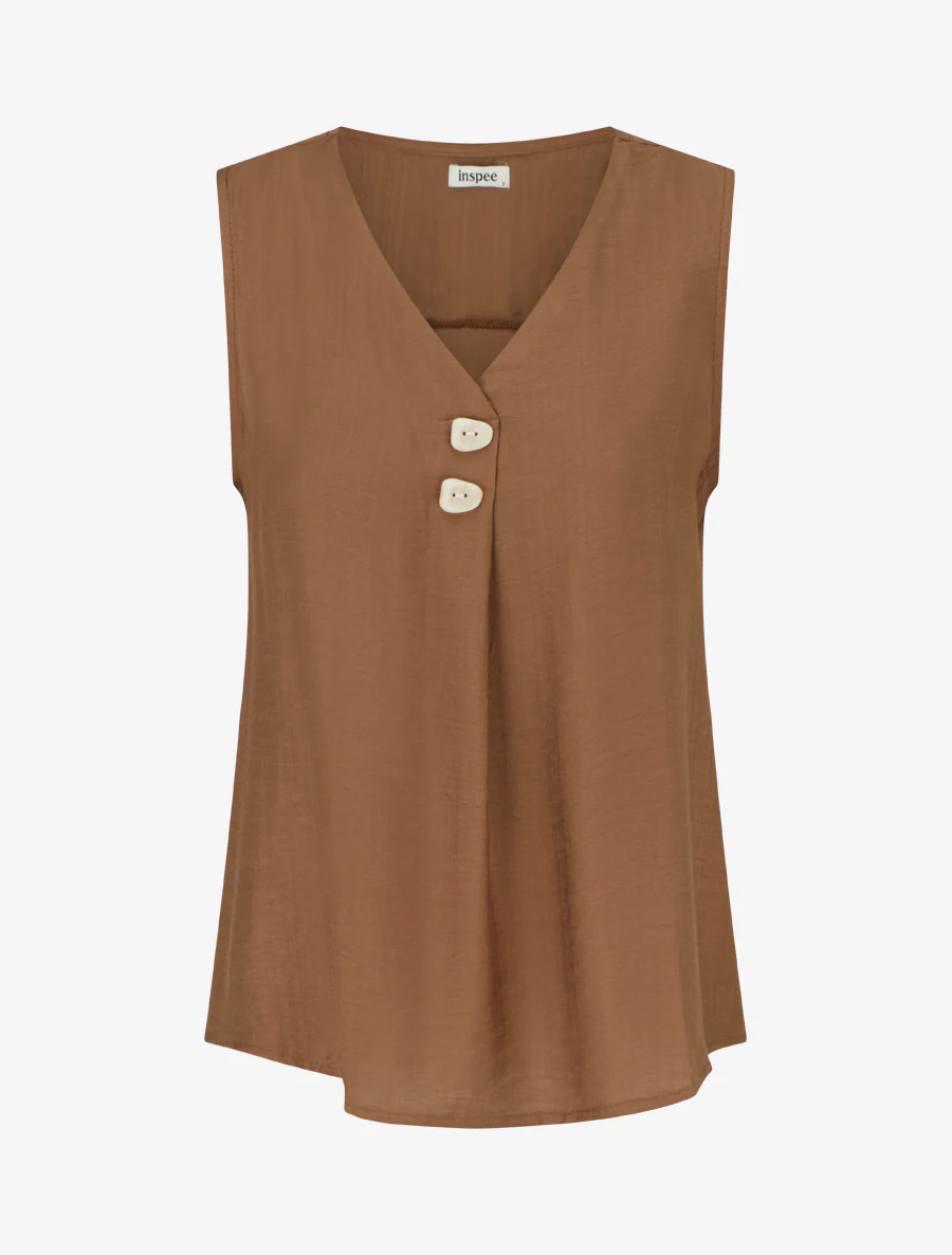 Top sans manches à col V boutonné - Marron