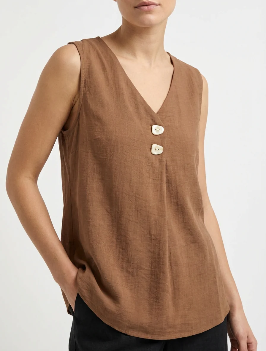 Top sans manches à col V boutonné - Marron - Image 4