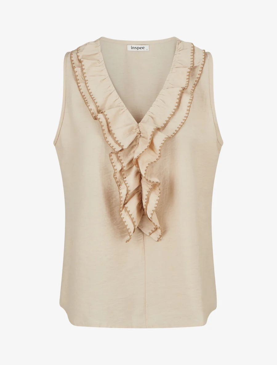 Top sans manches à col V volanté - Beige