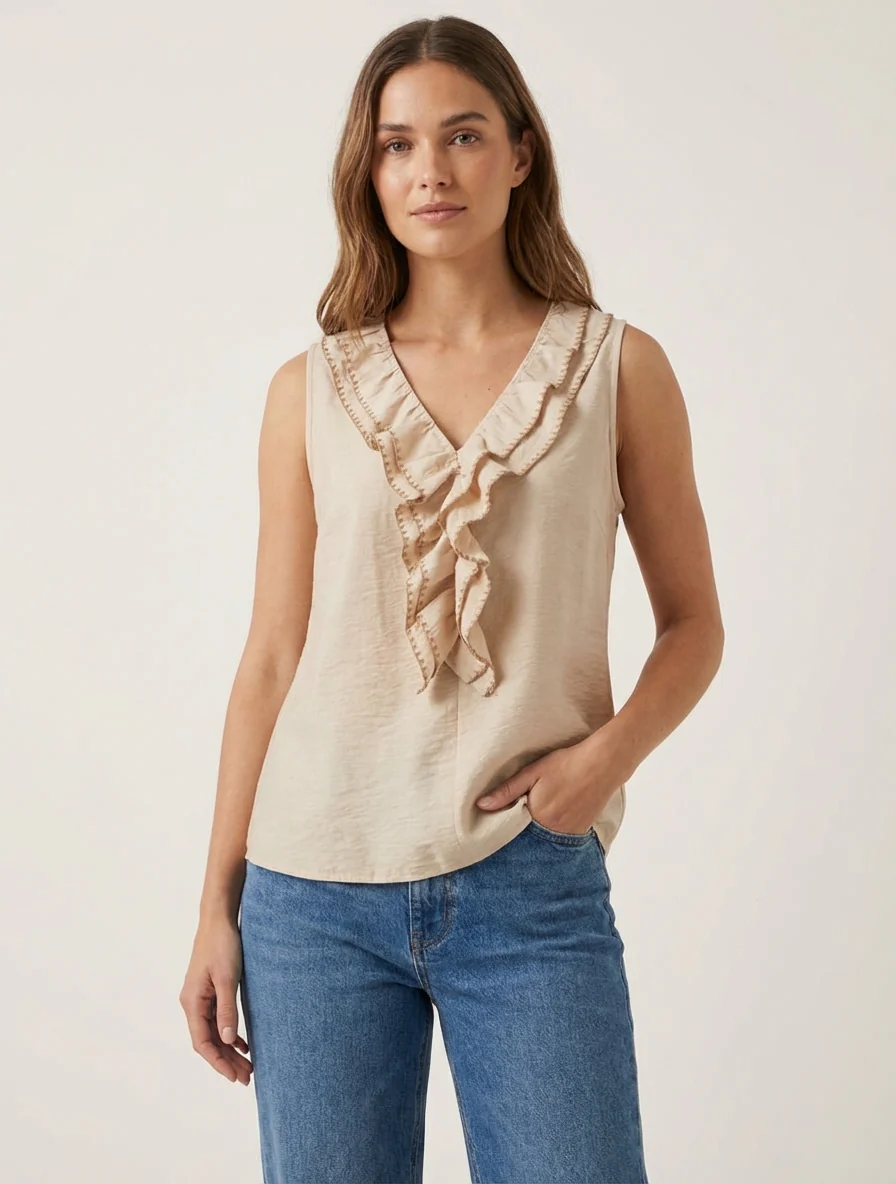 Top sans manches à col V volanté - Beige - Image 4