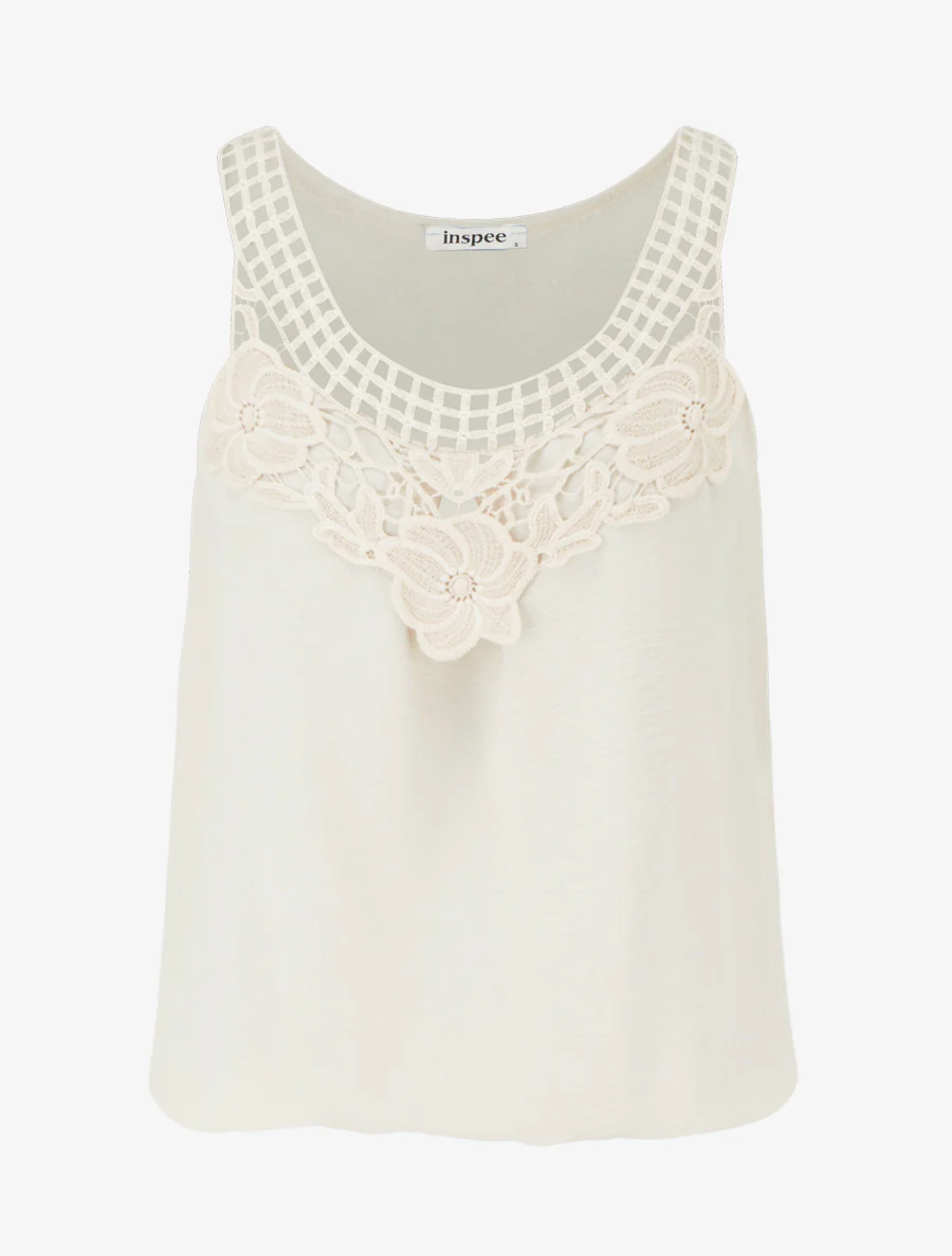 Top sans manches à dentelle et crochet - Beige