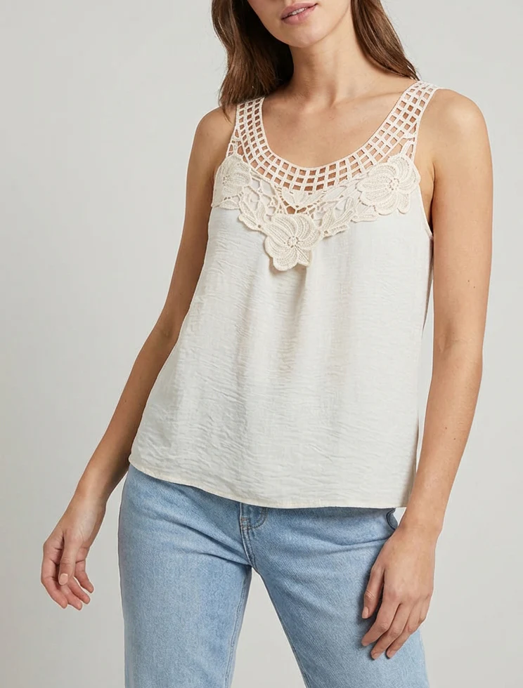 Top sans manches à dentelle et crochet - Beige - Image 4