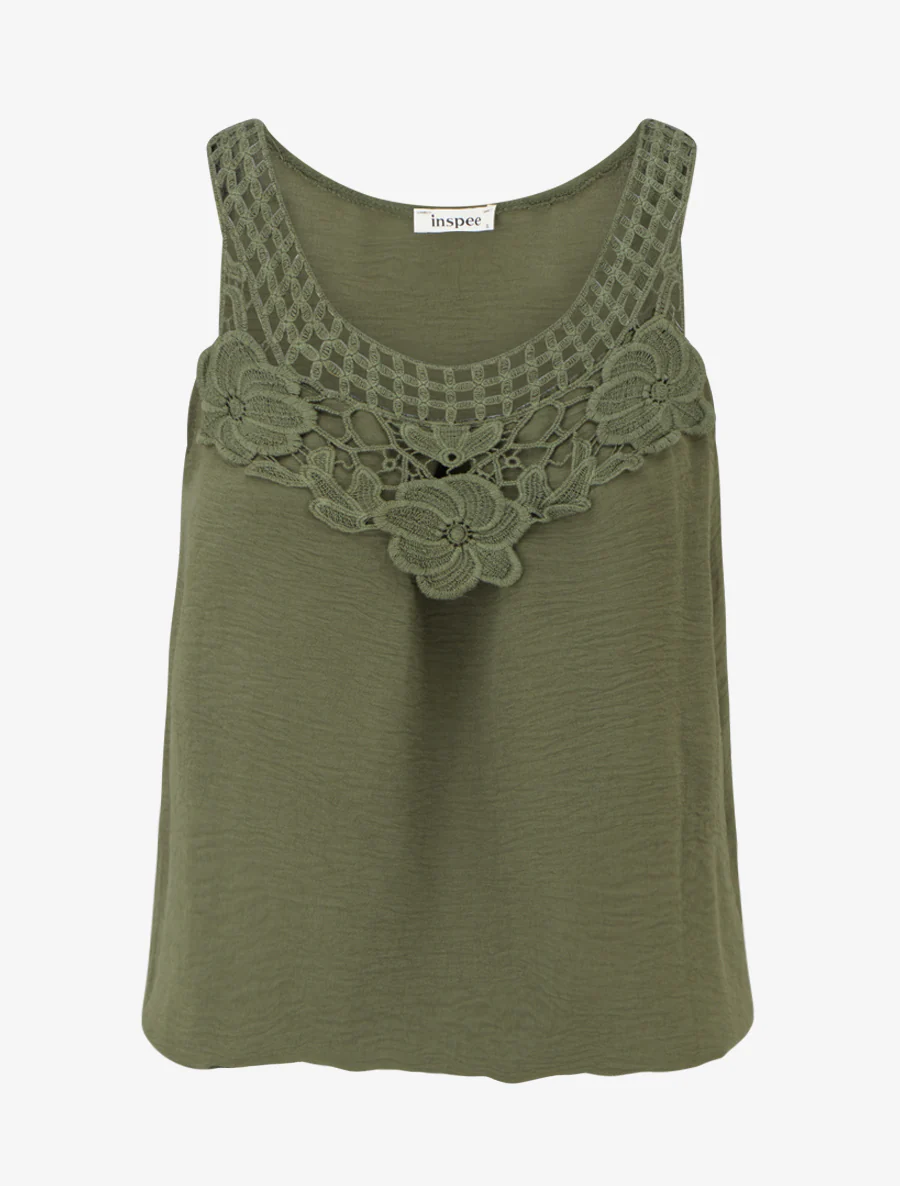 Top sans manches à dentelle et crochet - Kaki