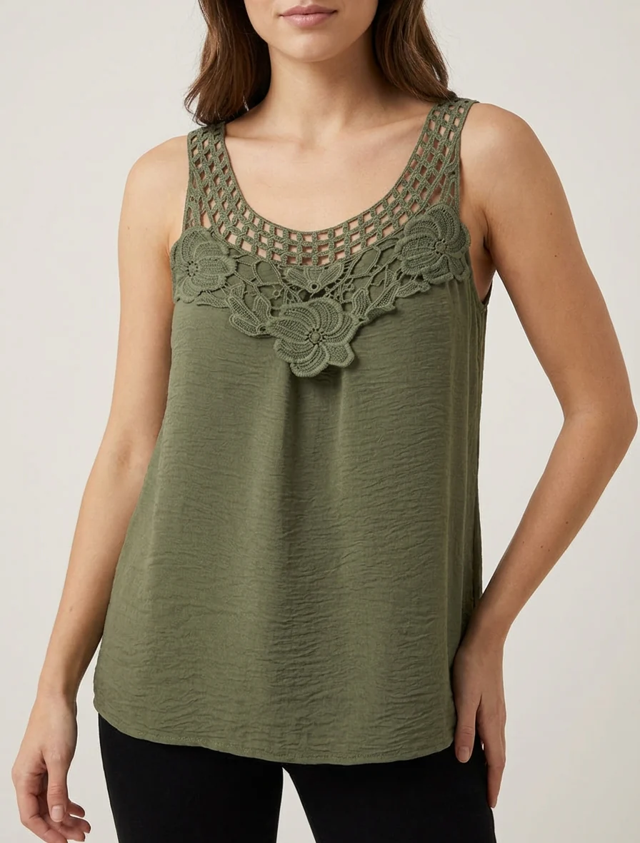 Top sans manches à dentelle et crochet - Kaki - Image 4