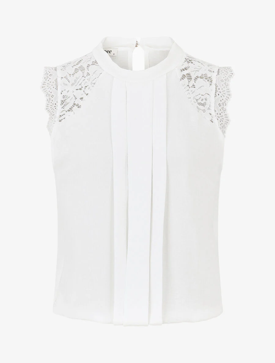 Top sans manches à dentelle et detail plissé - Blanc