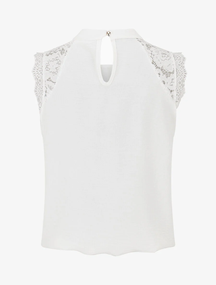 Top sans manches à dentelle et detail plissé - Blanc - Image 2