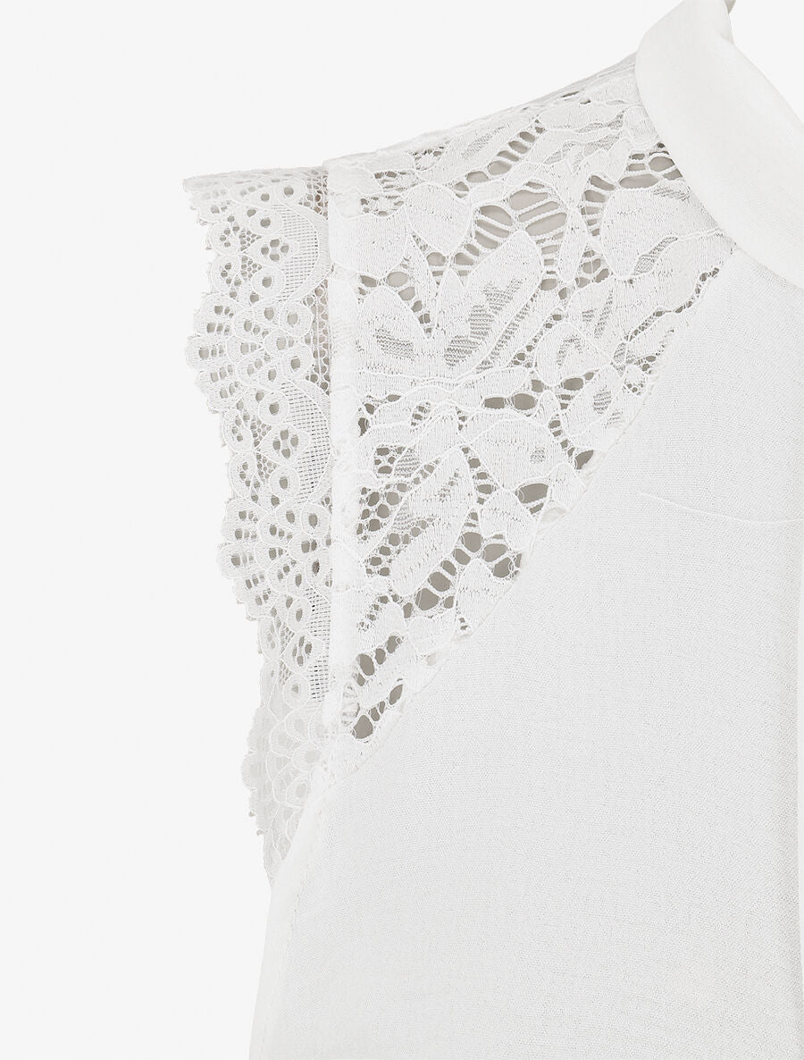 Top sans manches à dentelle et detail plissé - Blanc - Image 3