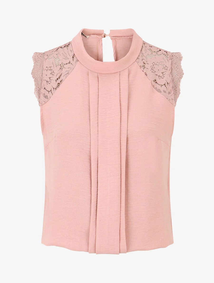 Top sans manches à dentelle et detail plissé - Rose