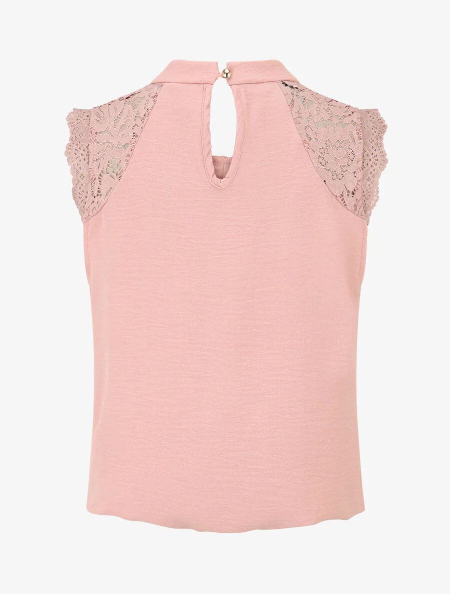 Top sans manches à dentelle et detail plissé - Rose - Image 2