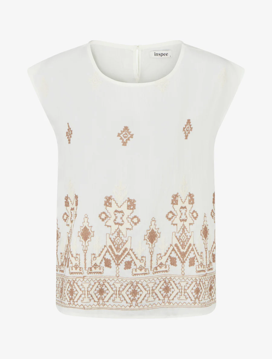 Top sans manches brodé coupe carrée - Beige