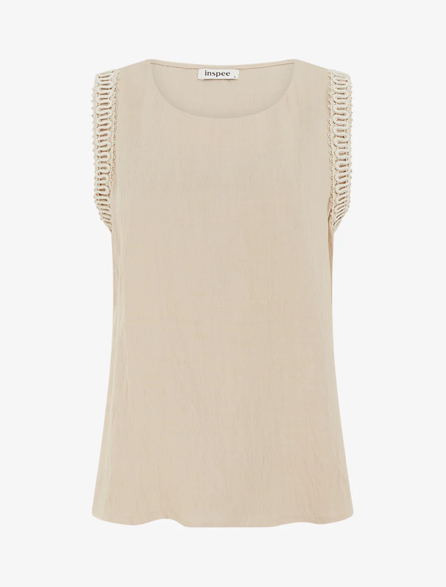 Top sans manches droit à broderies - Beige