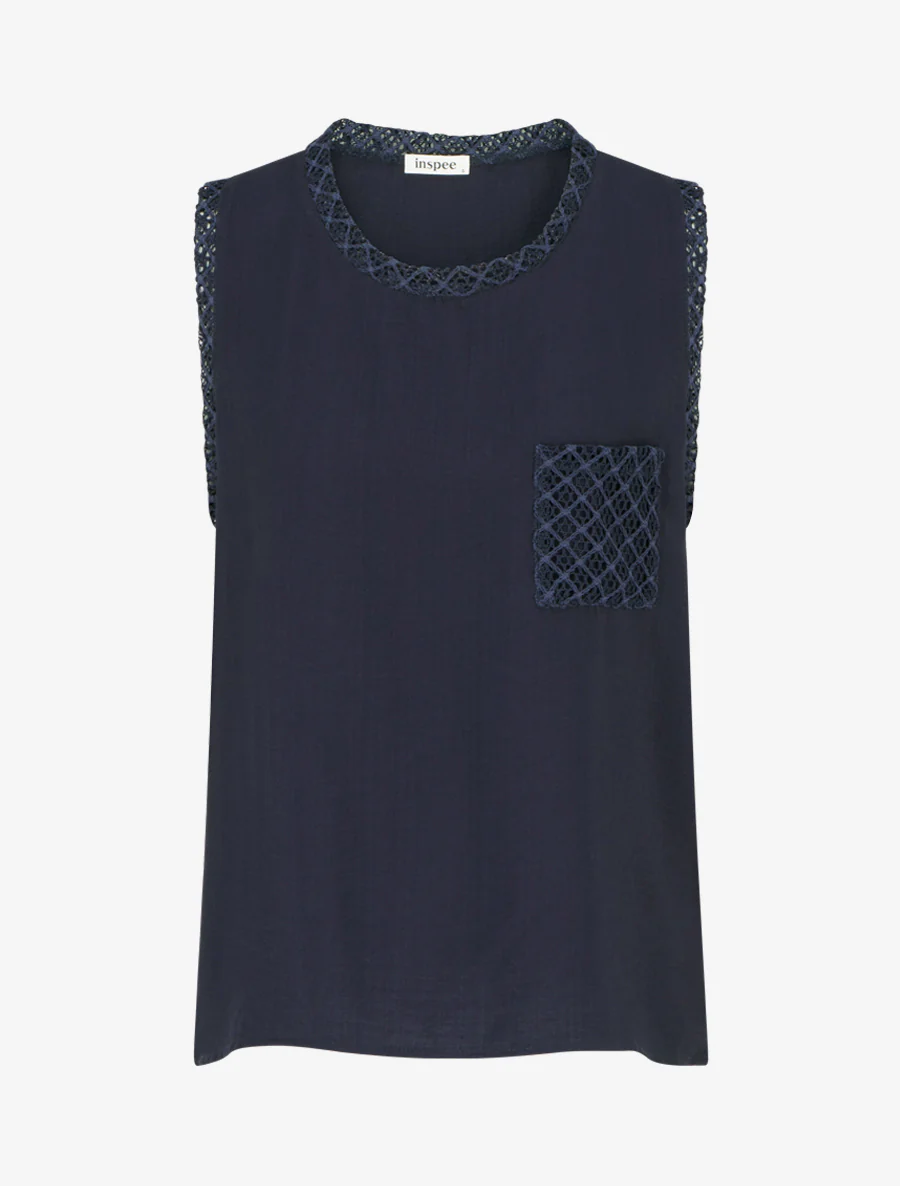 Top sans manches droit à poche en crochet - Marine