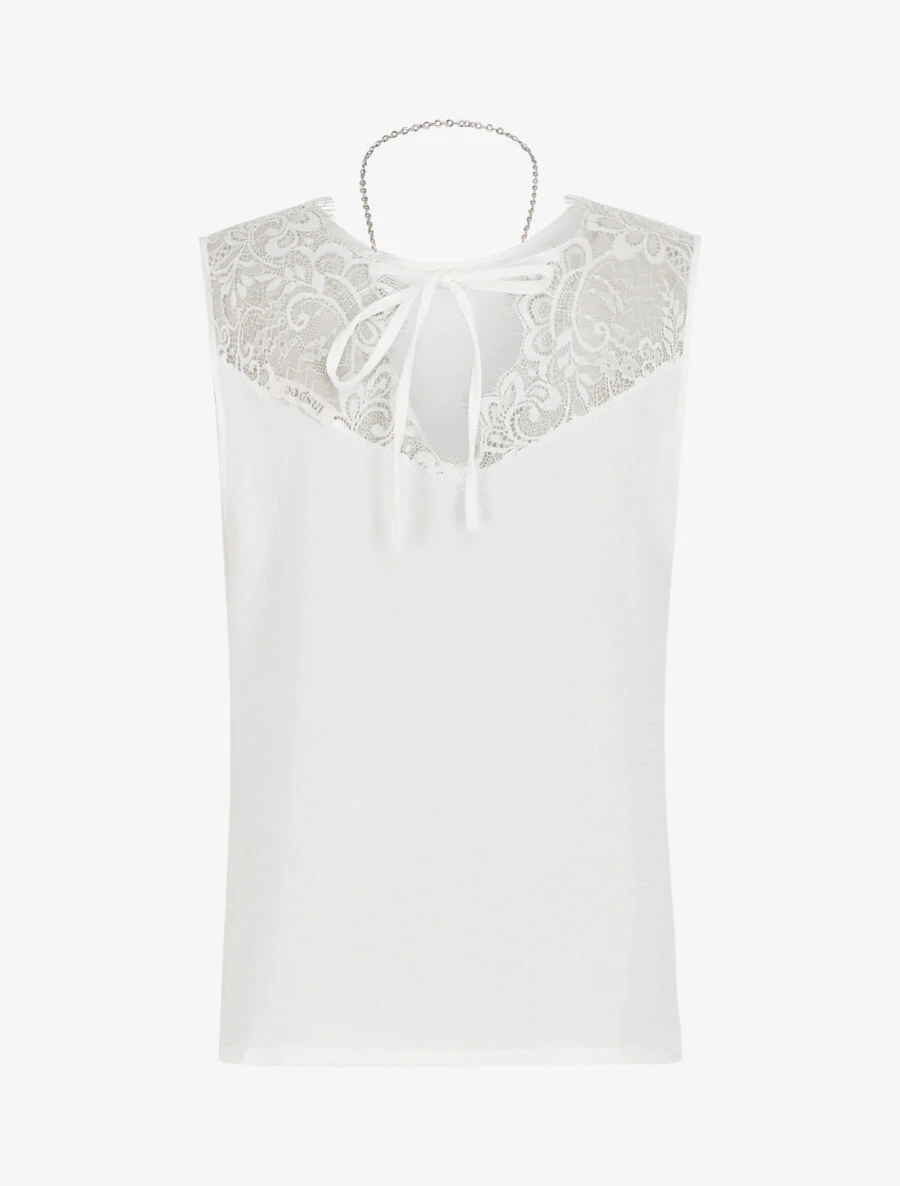Top sans manches droit col dentelle - Blanc - Image 2