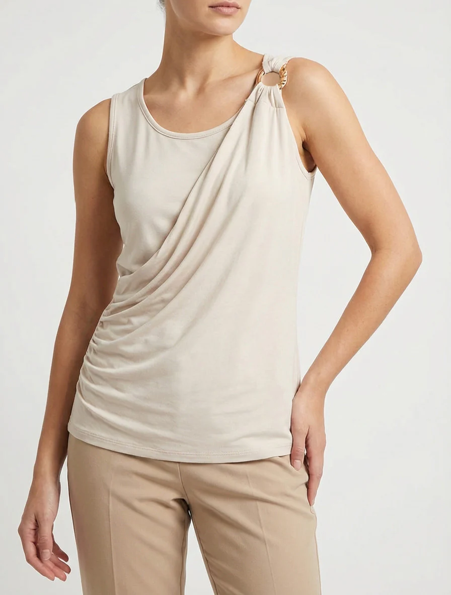 Top sans manches effet drapé à bretelle bijou - Beige - Image 4