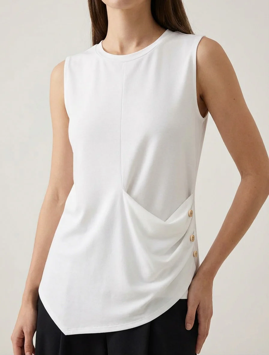 Top sans manches effet drapé et boutons - Blanc - Image 4