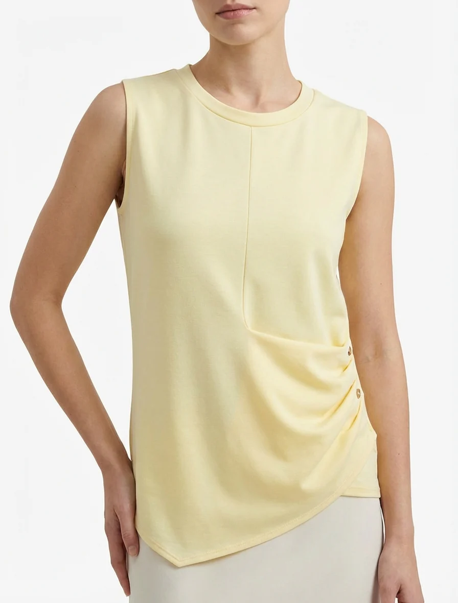 Top sans manches effet drapé et boutons - Jaune - Image 4