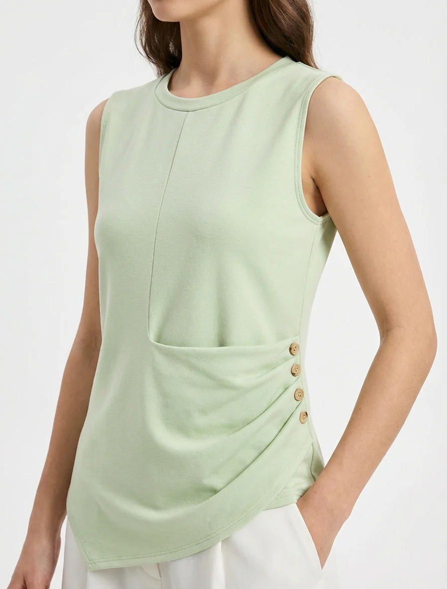 Top sans manches effet drapé et boutons - Vert amande - Image 4