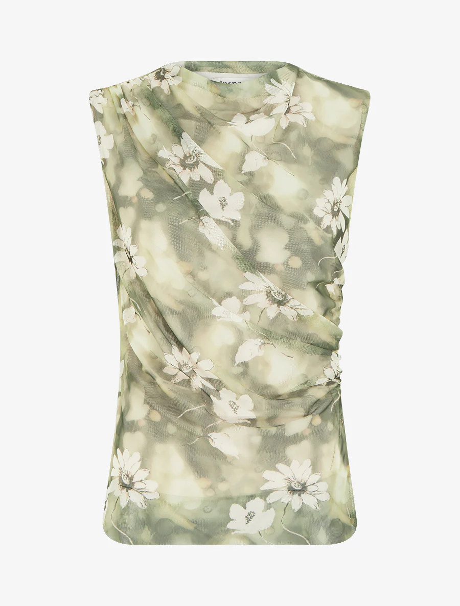 Top sans manches en tulle à fleurs - Kaki