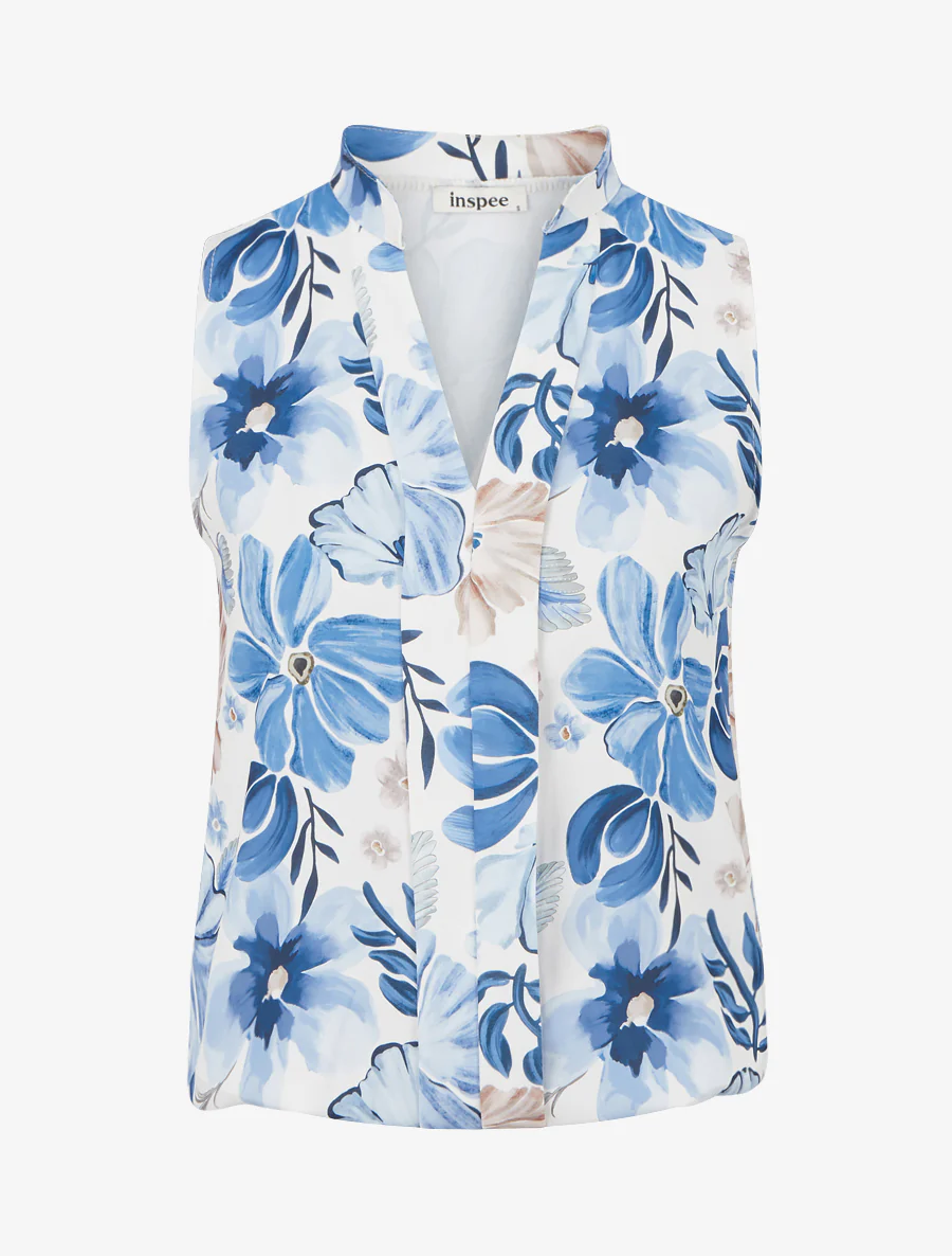 Top sans manches imprimé fleuri - Bleu