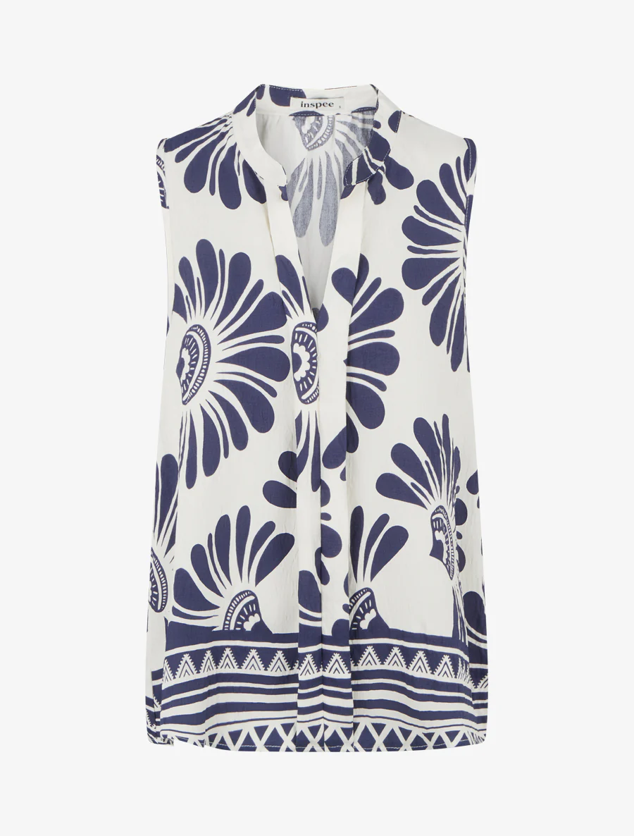 Top sans manches imprimé fleurs stylisées - Marine