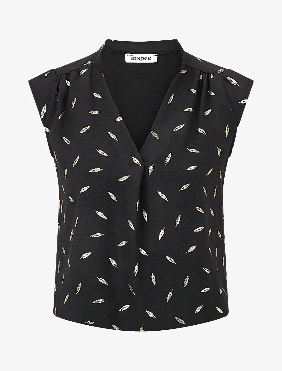 Top sans manches motif plumes dorées - Noir