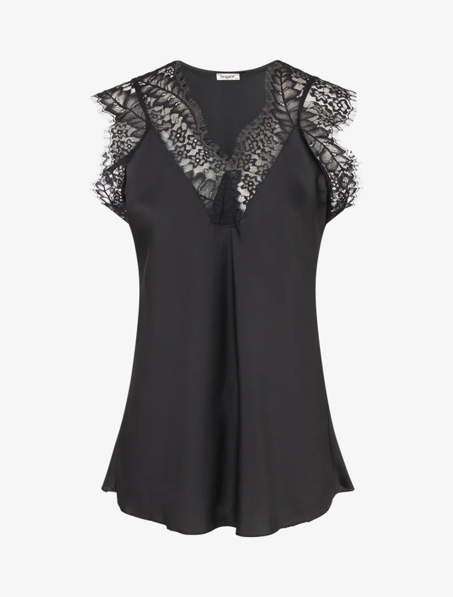 Top satiné à col V en dentelle - Noir