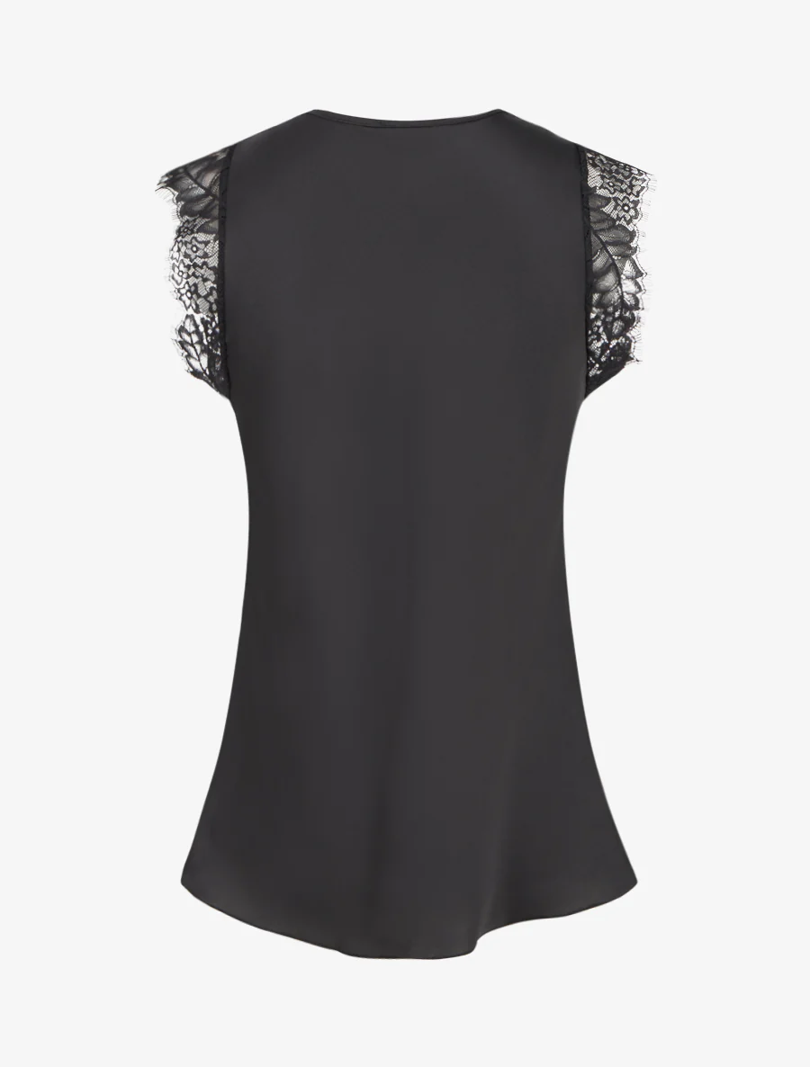Top satiné à col V en dentelle - Noir - Image 2