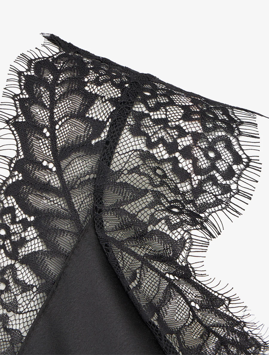 Top satiné à col V en dentelle - Noir - Image 3