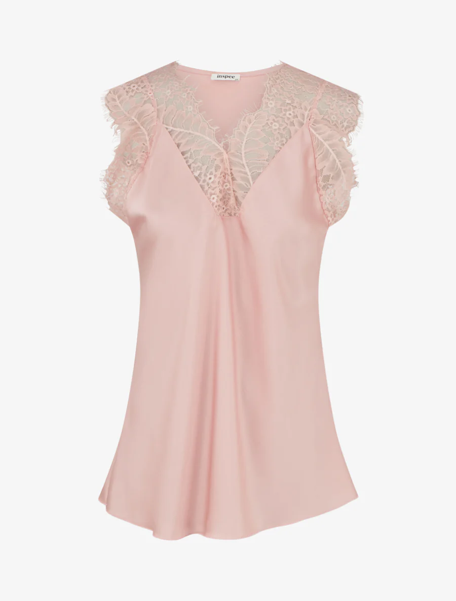 Top satiné à col V en dentelle - Rose