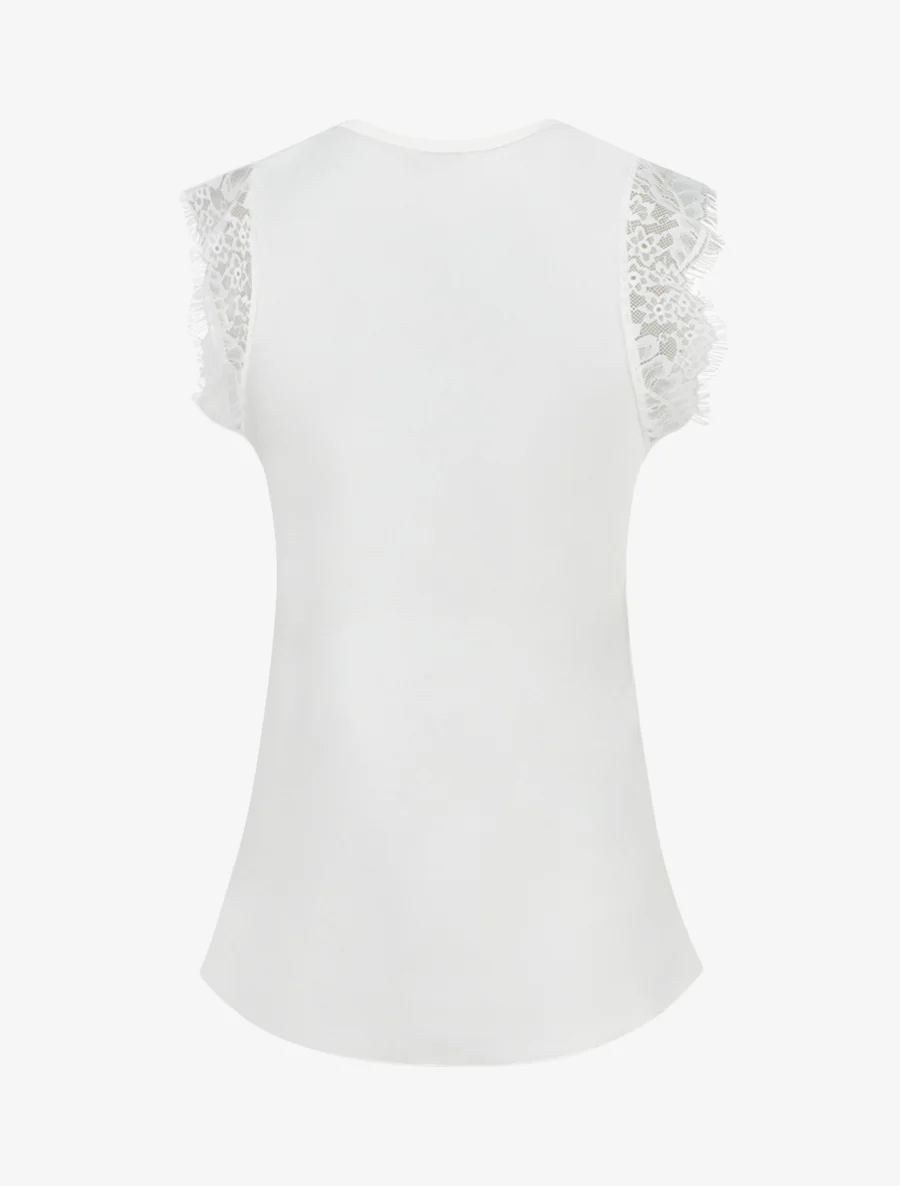 Top satiné à col V en dentelle - Blanc - Image 2