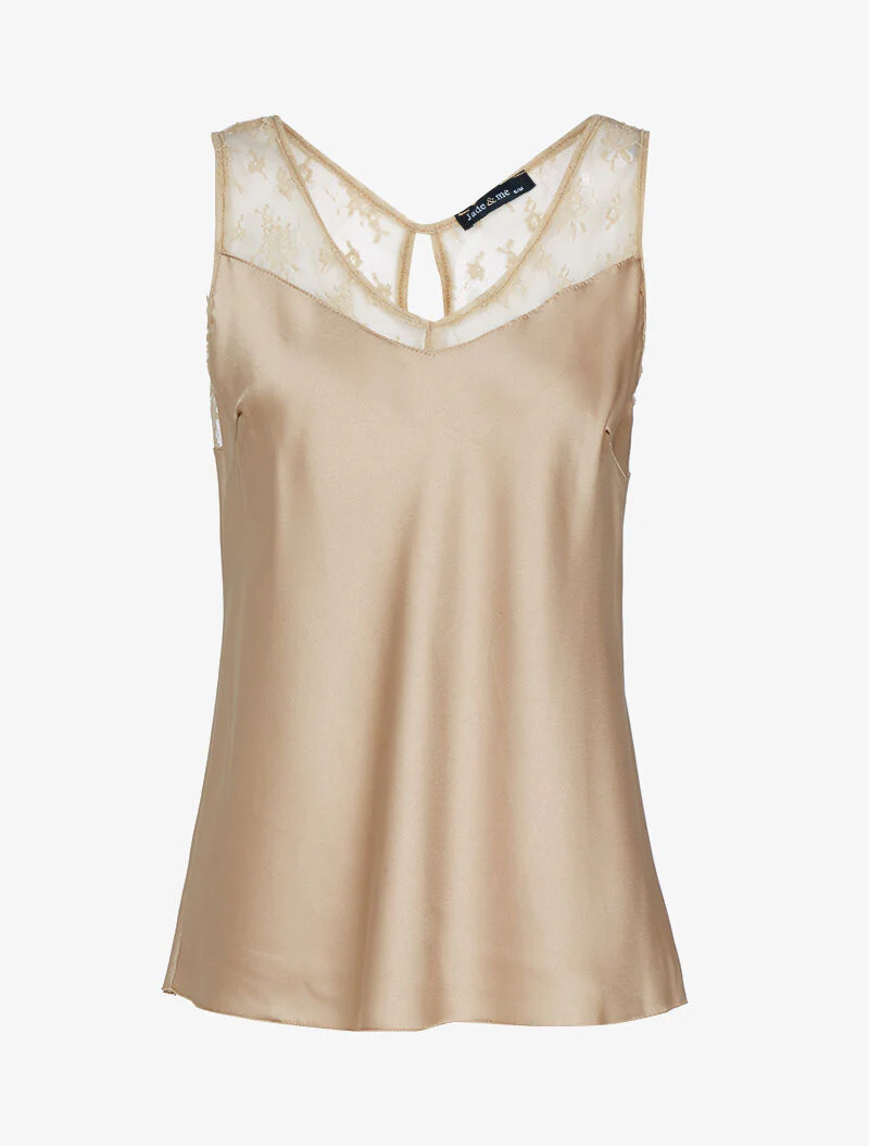 Top satiné à décolleté en tulle - beige