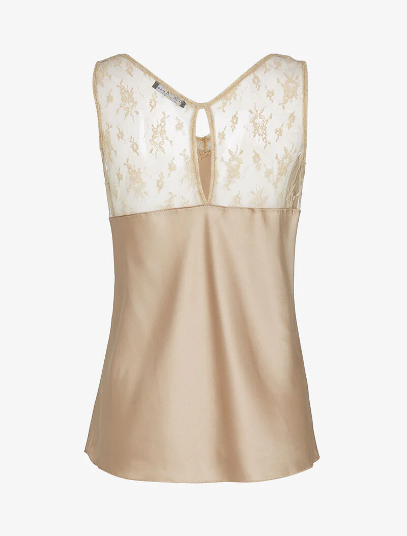 Top satiné à décolleté en tulle - beige - Image 2